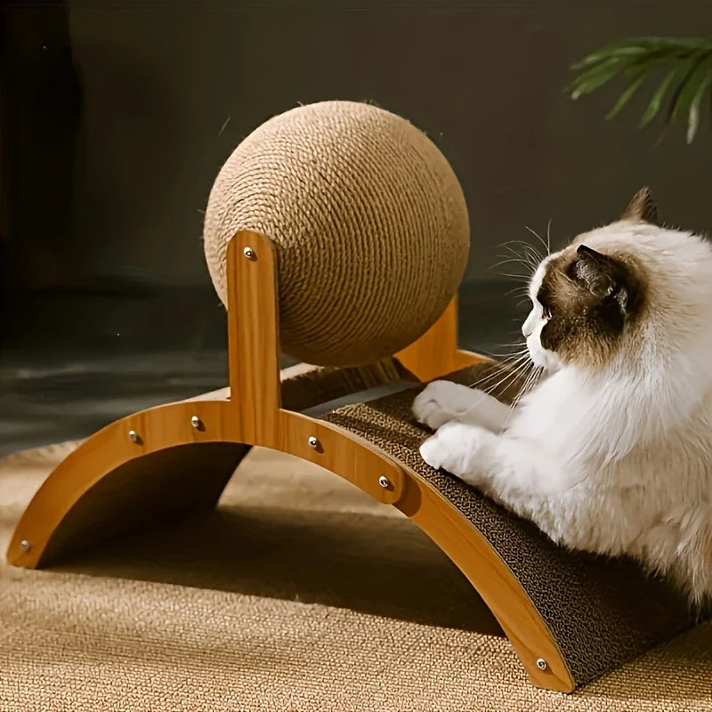 Fluffy cat scratching sisal ball on wooden cat scratcher with ramp
