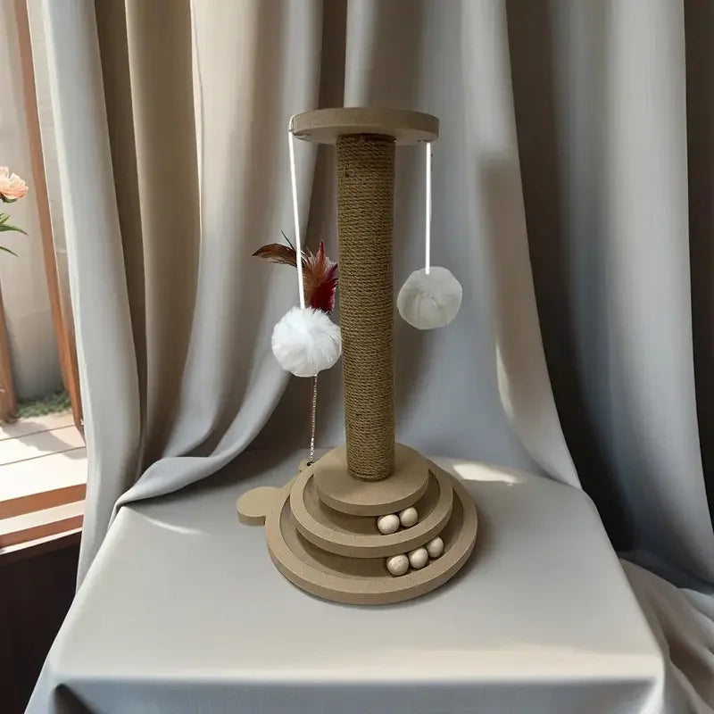 Stylish compact sisal cat scratching tower with feather toy, hanging pom-poms, and rolling ball track – modern cat furniture for small spaces.