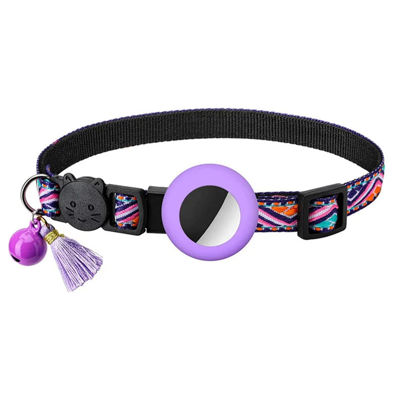 Pet airtag collar with colorful pattern, purple bell, and reflective disc on a white background