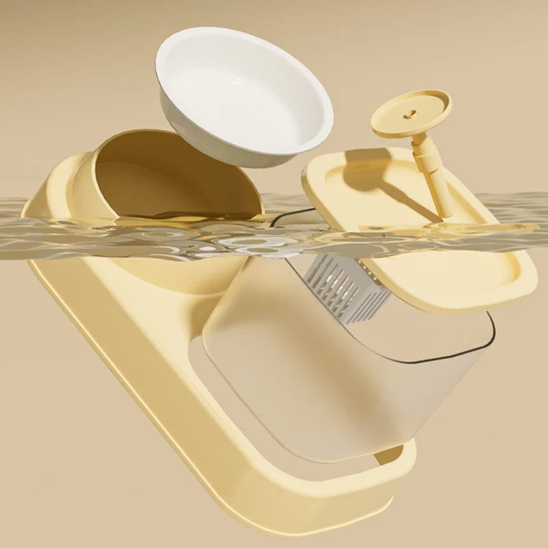Disassembled pet feeder parts showing detachable food bowl, fountain, and base.