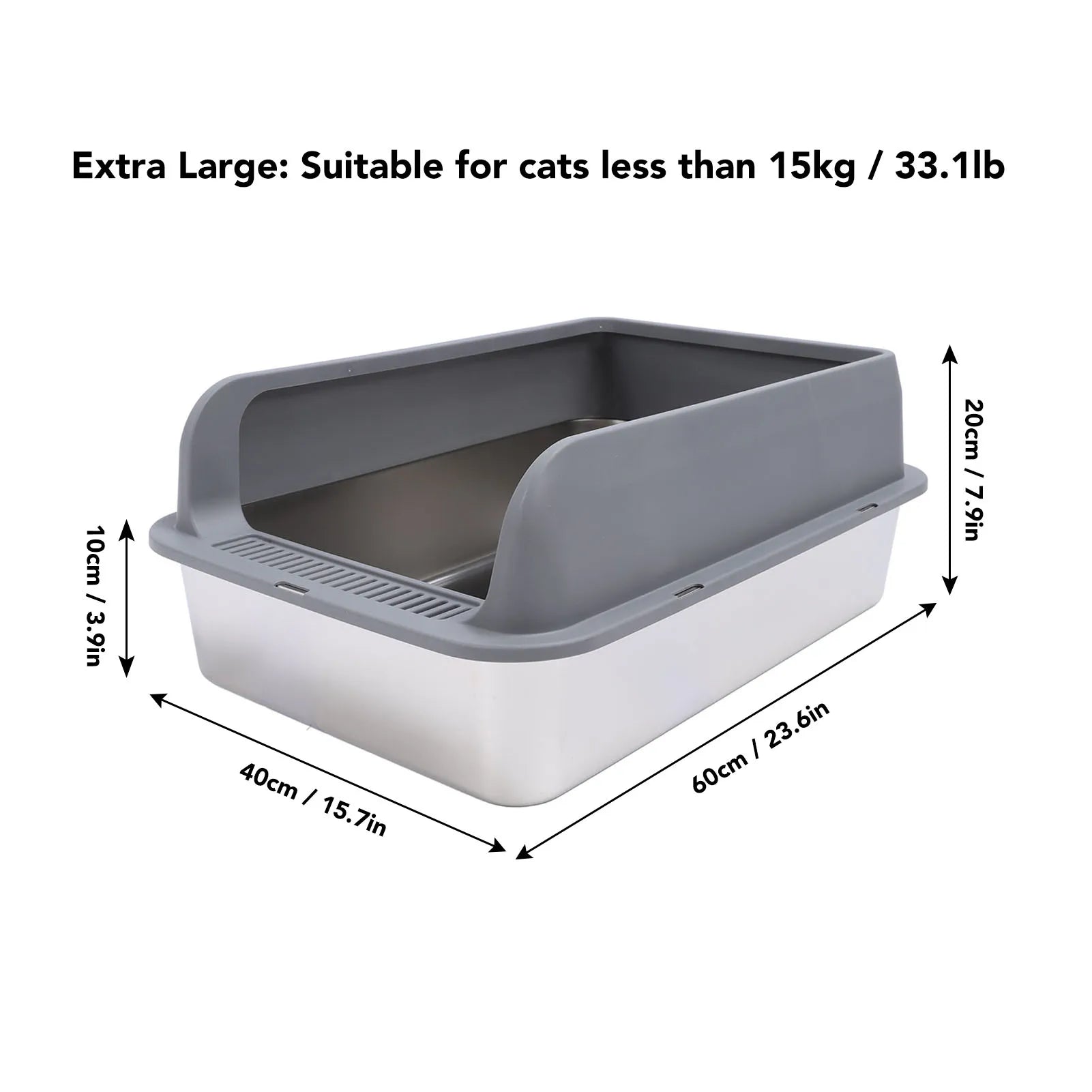 Cat litter box with dimensions and suitability for cats less than 15kg.