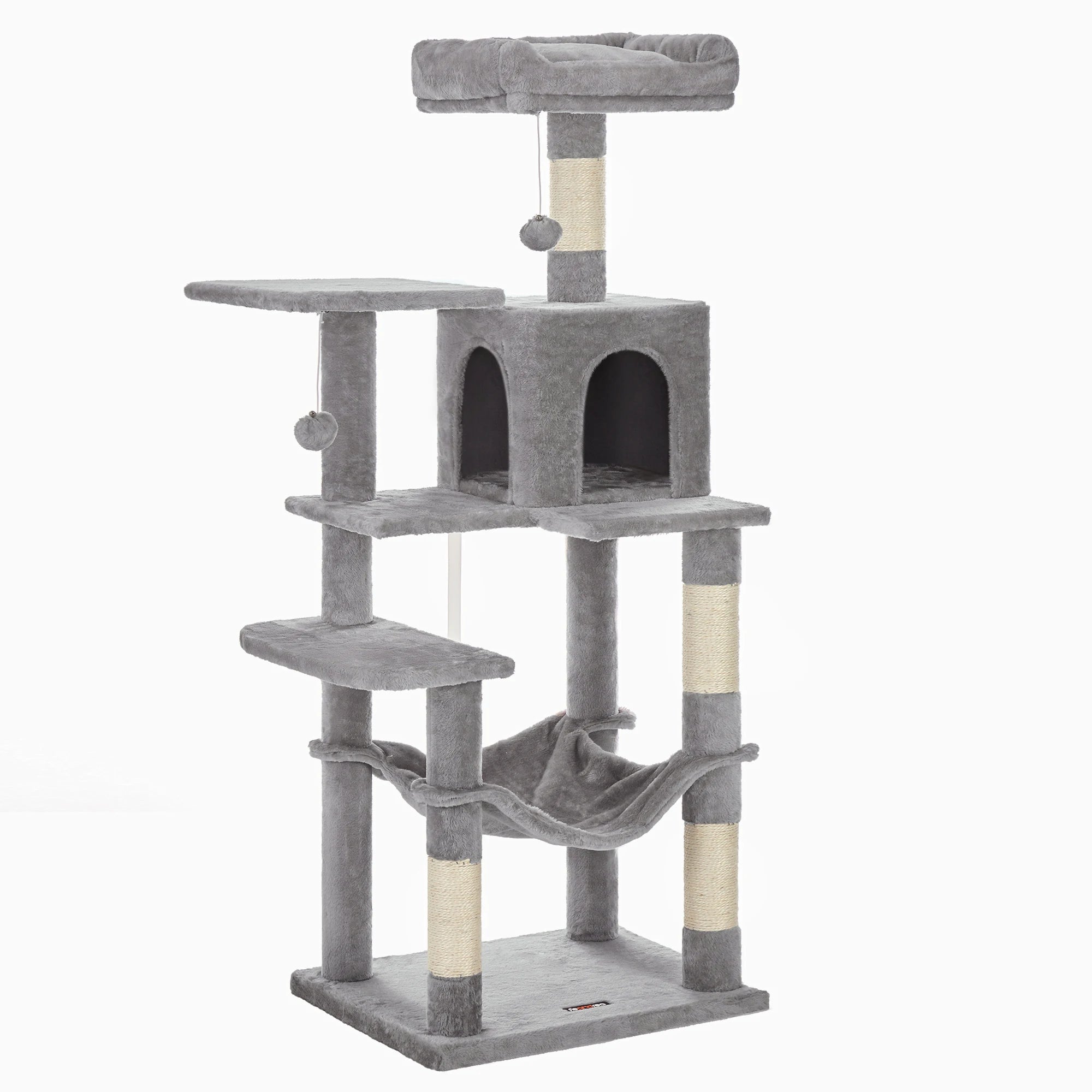 Gray cat tree with multiple levels, a hammock, and climbing features on a white background