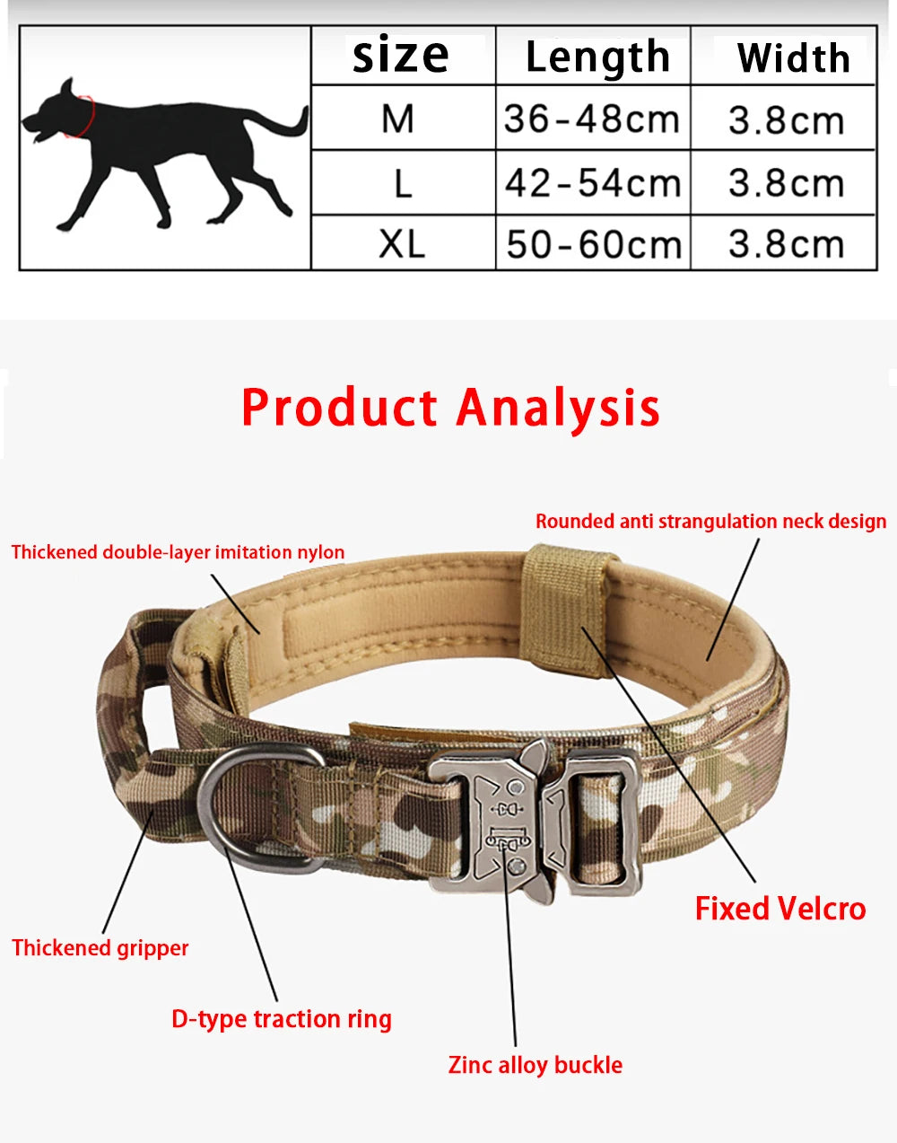 Camouflage dog collar with features labeled on a white background