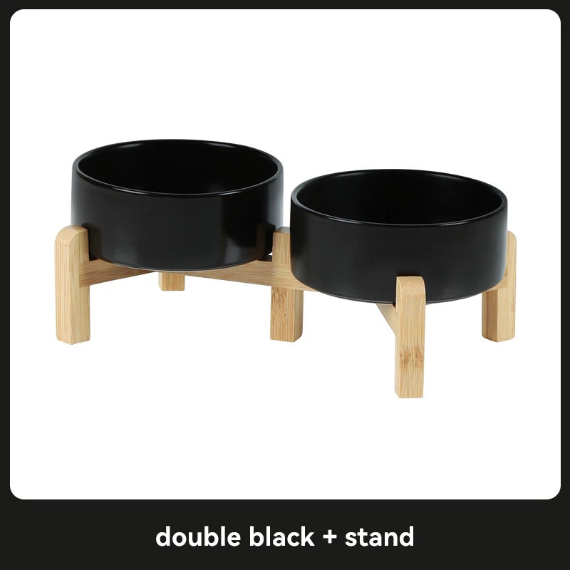 Double black pet bowl set on a wooden stand with 'double black + stand' text below.
