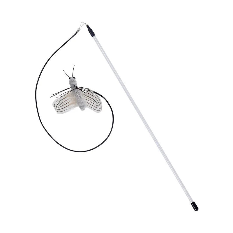 FlutterChase Wand with a black-winged bug toy attachment connected to the acrylic handle.