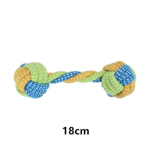 Colorful dog rope toy with a measurement label on a white background