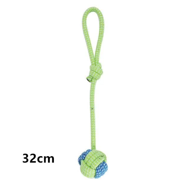 Green dog toy with a blue ball and rope on a white background
