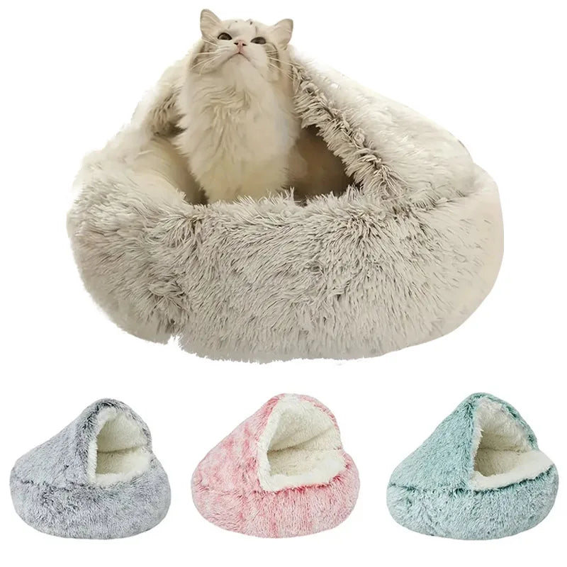 Fluffy pet bed with a cat inside, surrounded by three other pet beds in different colors on a white background.