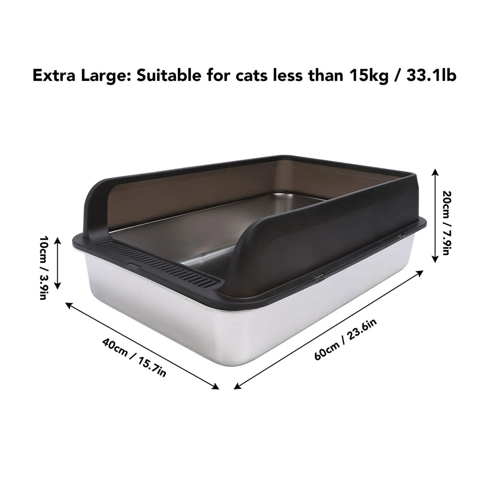 Dimensions of a cat litter tray with text indicating suitability for cats less than 15kg.