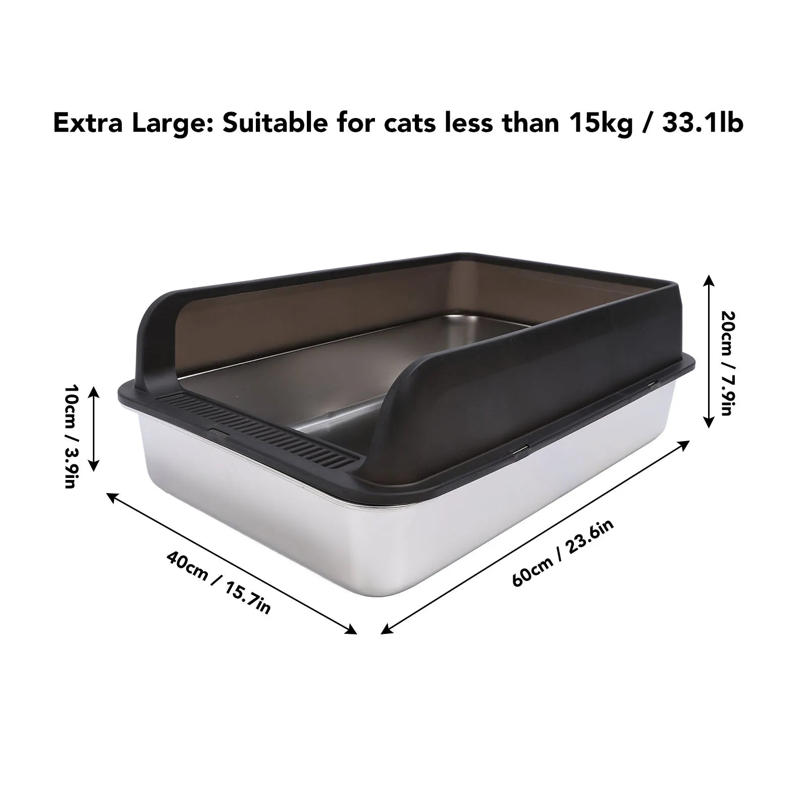 Dimensions of a cat litter tray with text indicating suitability for cats less than 15kg.
