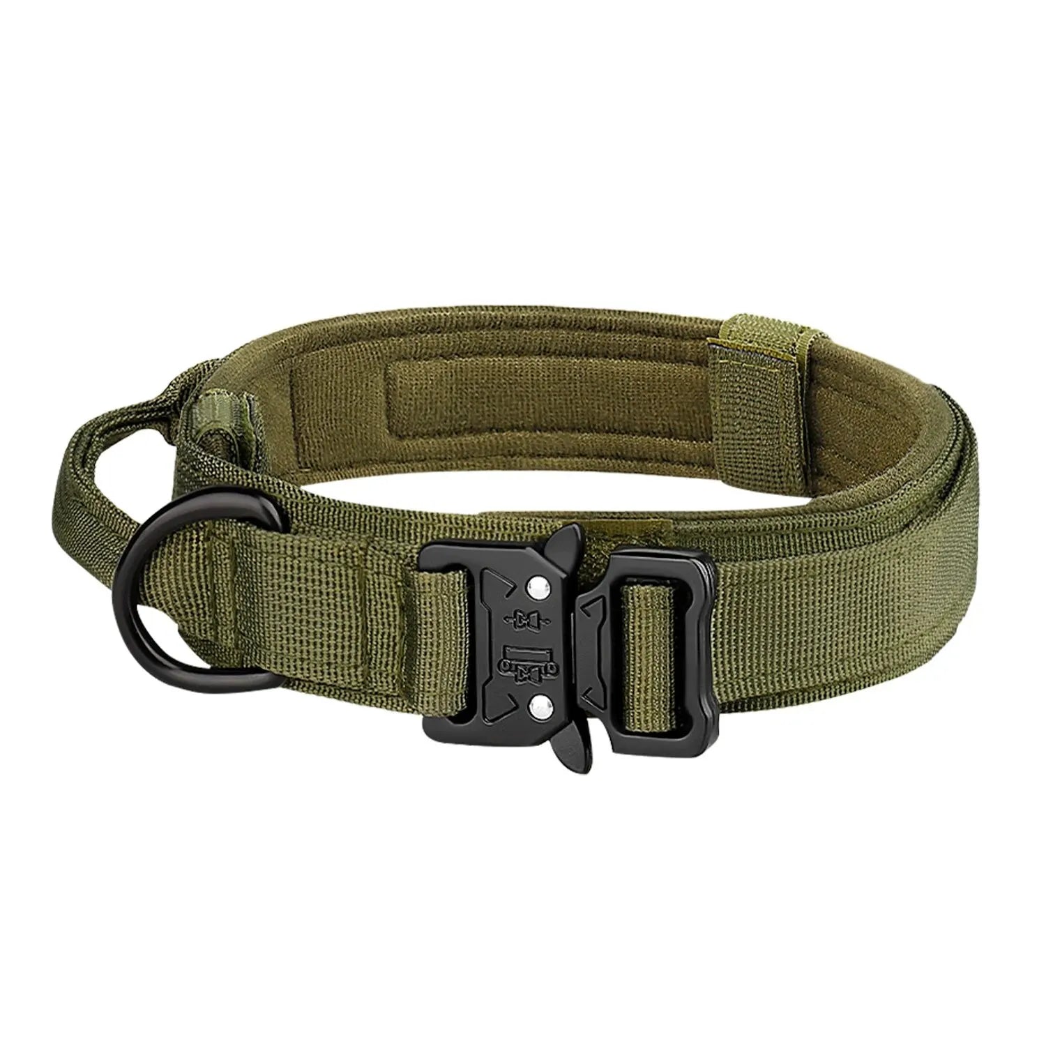 Green tactical dog collar with padded lining and durable buckle on white background.