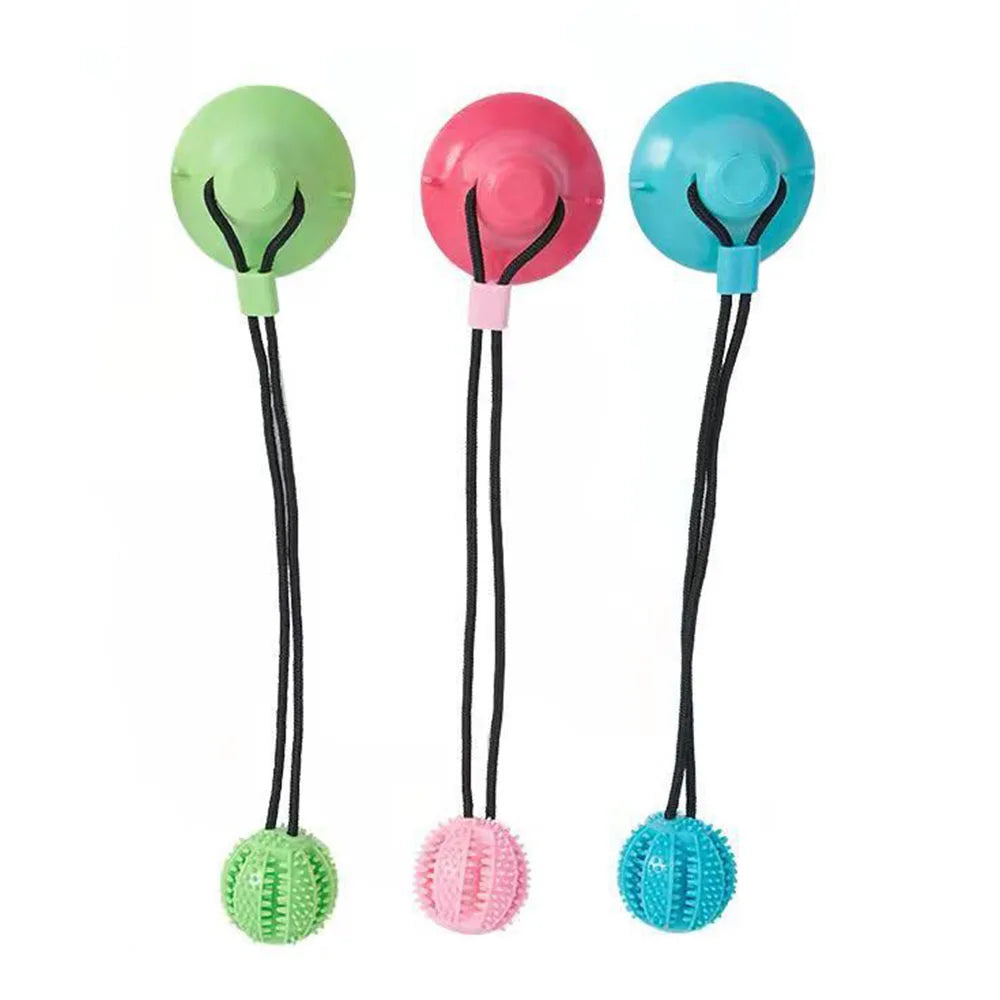 Interactive suction-cup dog toy with chew balls in green, pink, and blue – durable dental play toy for dogs.