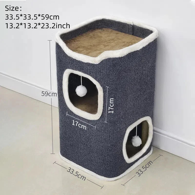 2 tier Cat tree with dimensions labeled on a white background
