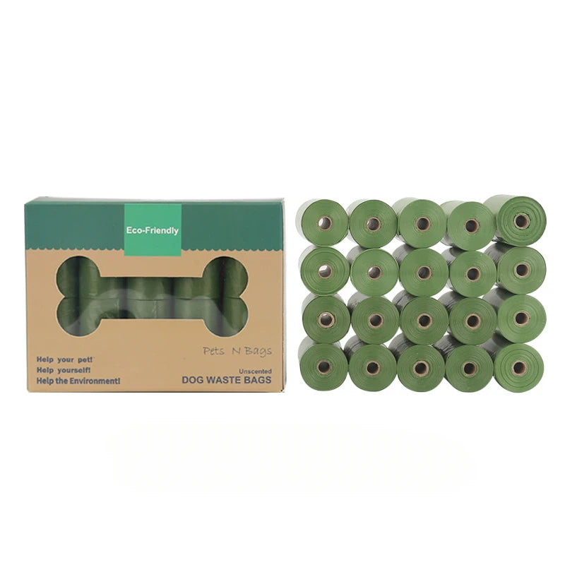 20-roll bulk pack of green biodegradable dog waste bags for dogs.