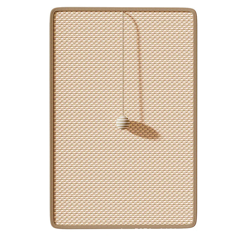 Rectangular cat scratching board with hanging ball toy for interactive play.