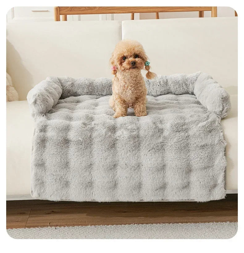 Small dog sitting on a light gray furry pet bed in a home setting.