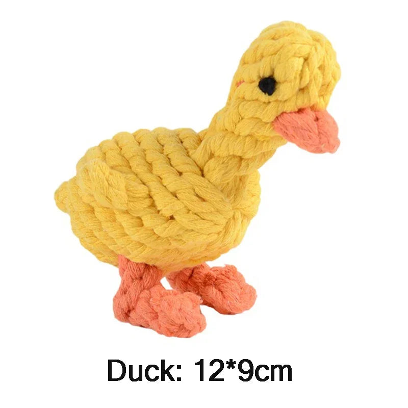Yellow duck-shaped rope toy on a white background
