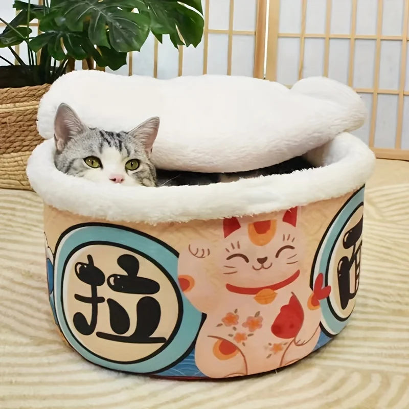 Cat inside ramen cup pet bed with removable lid – cozy novelty cat furniture.