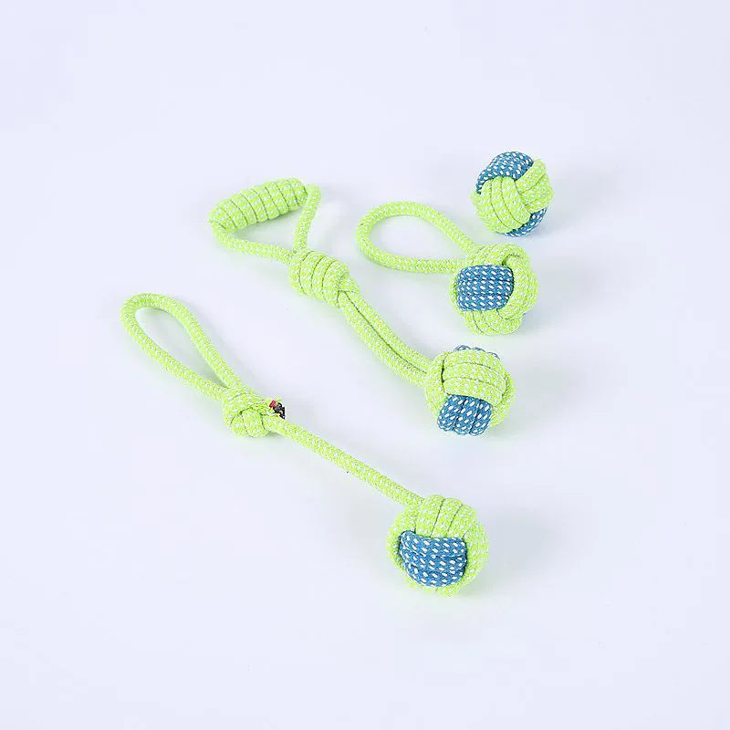 Three neon green rope dog toys with knotted blue ball ends, displayed on a plain background.