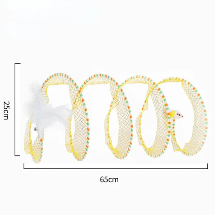 Dimensions of spiral cat tunnel with colorful pattern on a white background