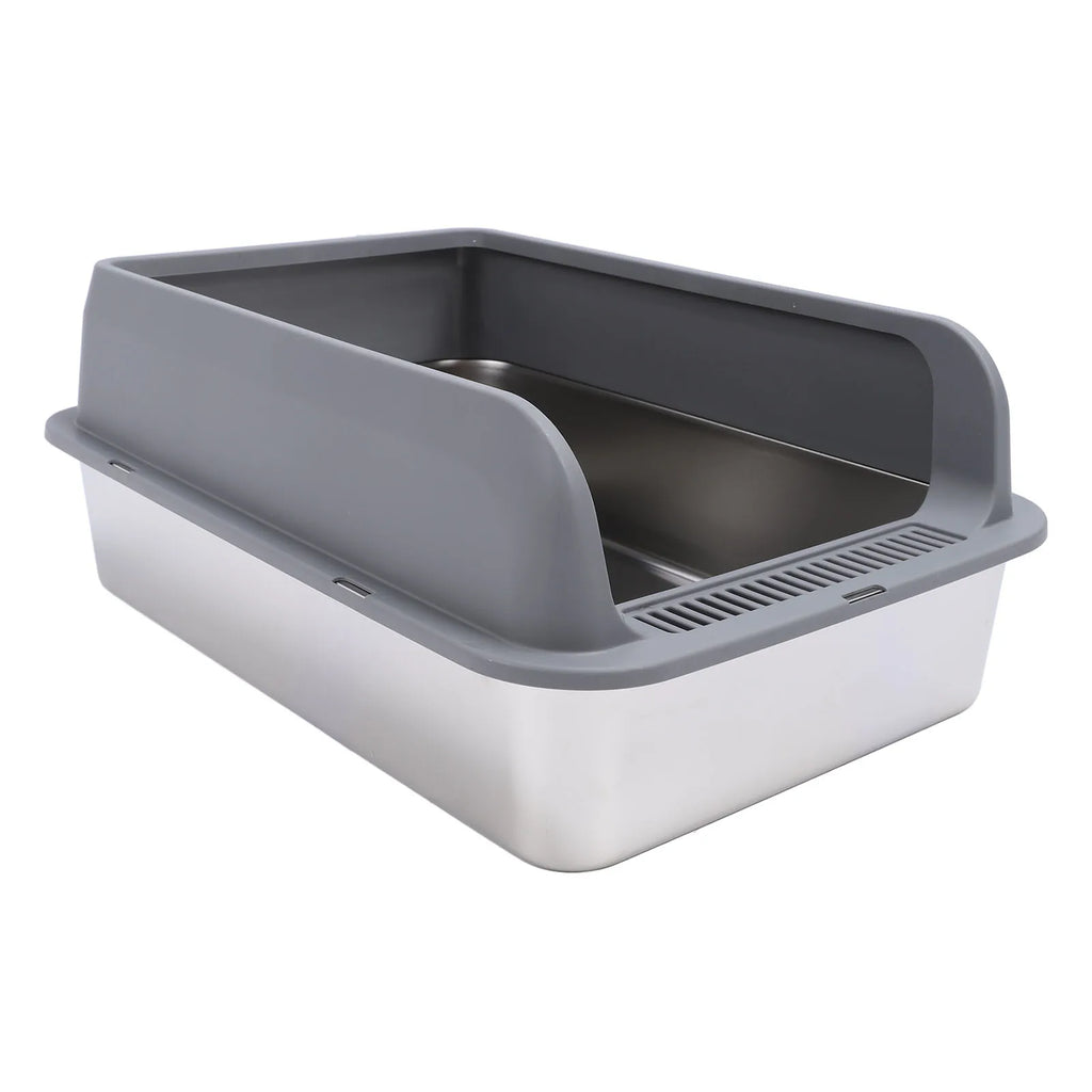 PurrSanct™ Stainless Steel Cat Litter Box with high walls and modern design.