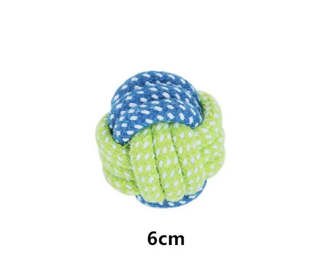 Green and blue knotted rope ball toy on a white background with '6cm' text.