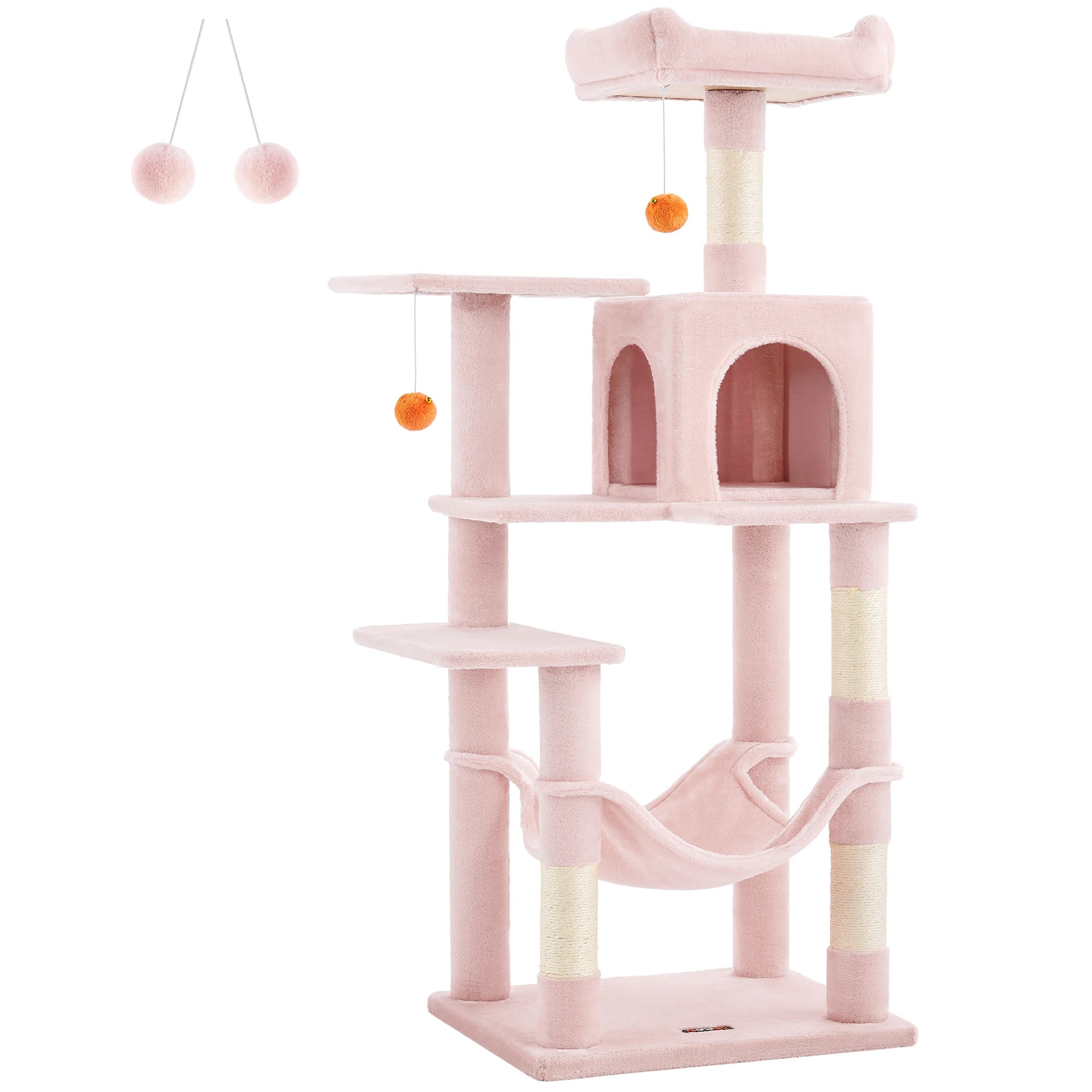 Pink cat tree with multiple levels and hanging toys on a white background
