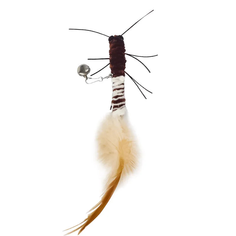 Brown feathered insect-style cat toy attachment with dangling bell