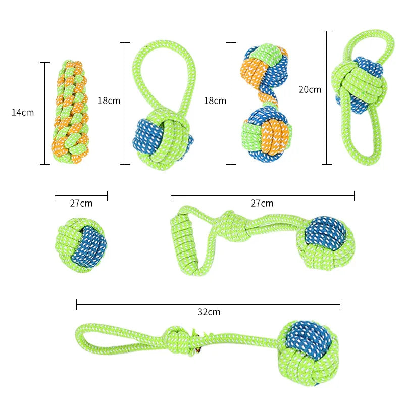 Assorted rope dog toys with measurement labels showing sizes ranging from 14 cm to 32 cm
