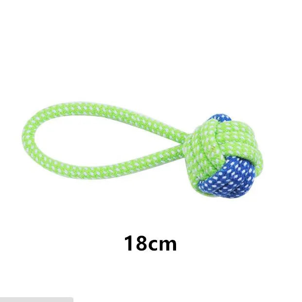 Green and blue rope toy with a knot on a white background