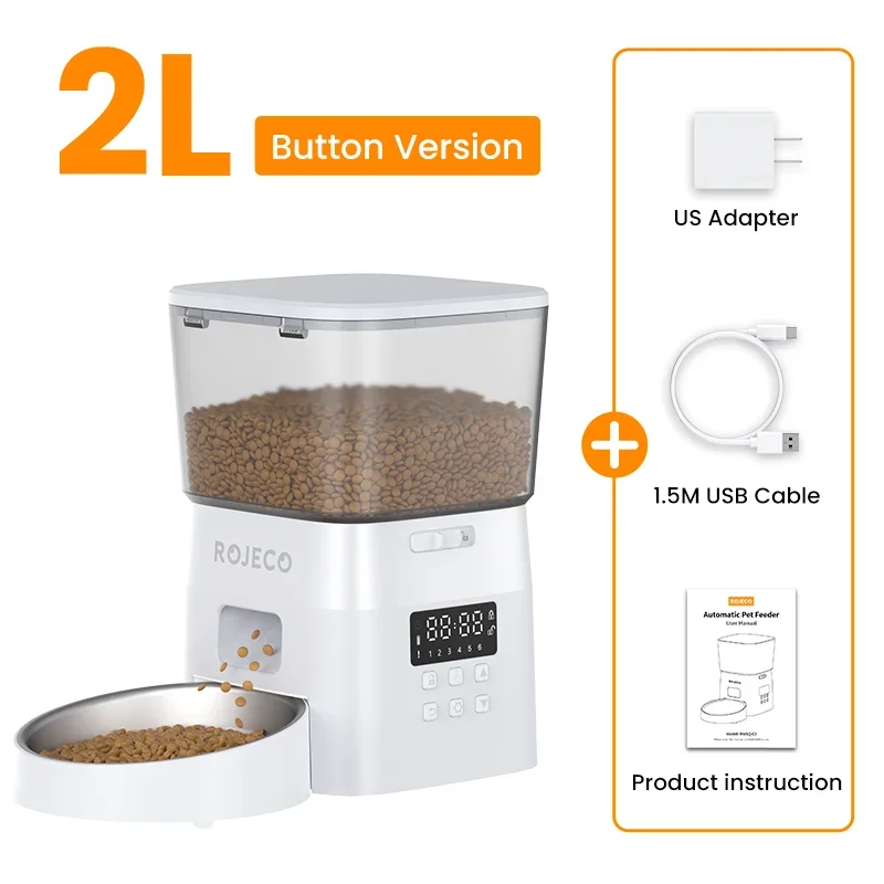 Pet food dispenser button version, US adapter with accessories on a white background