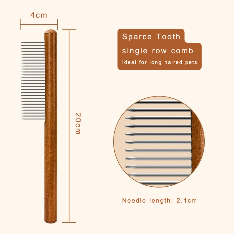Wooden comb with sparse teeth, ideal for pets, shown with measurements and text.