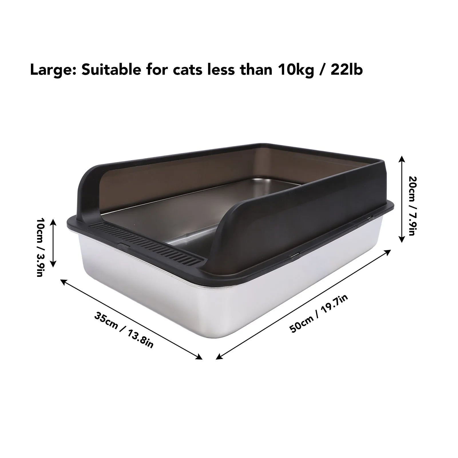 Cat litter tray with dimensions labeled on a white background