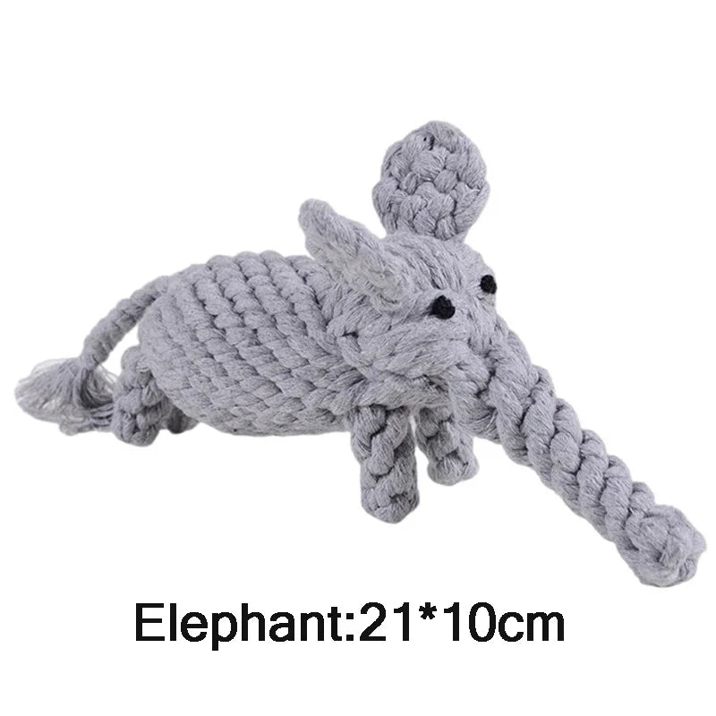 Gray elephant-shaped rope toy on a white background