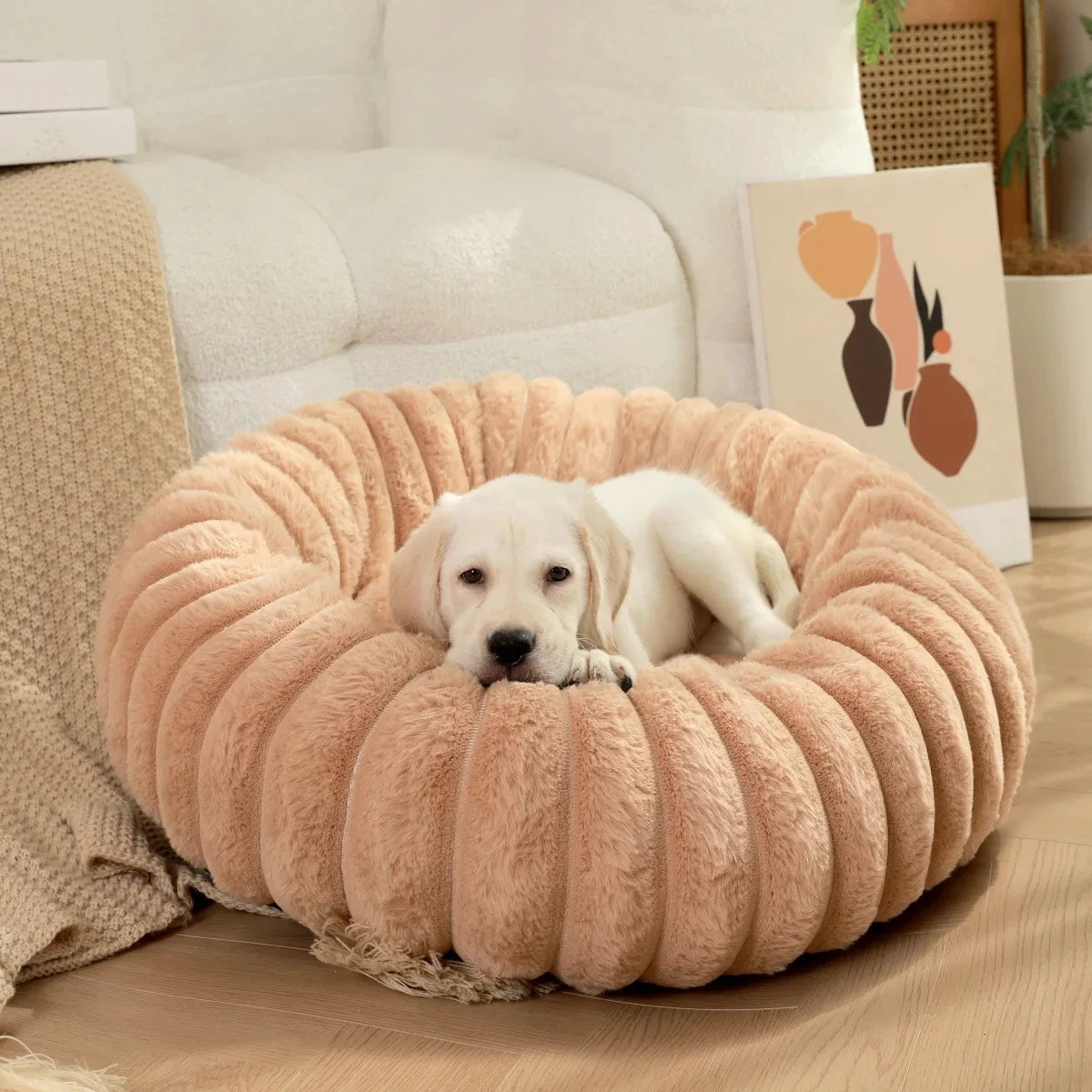 Dog lying on a fluffy pink pet bed in a cozy living room.
