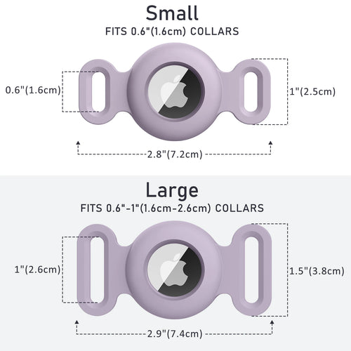 Size chart showing small and large Airtag holders for collars, with measurements in inches and centimeters.