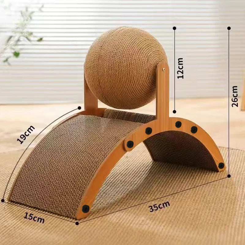 Cat scratcher with dimensions on a neutral background