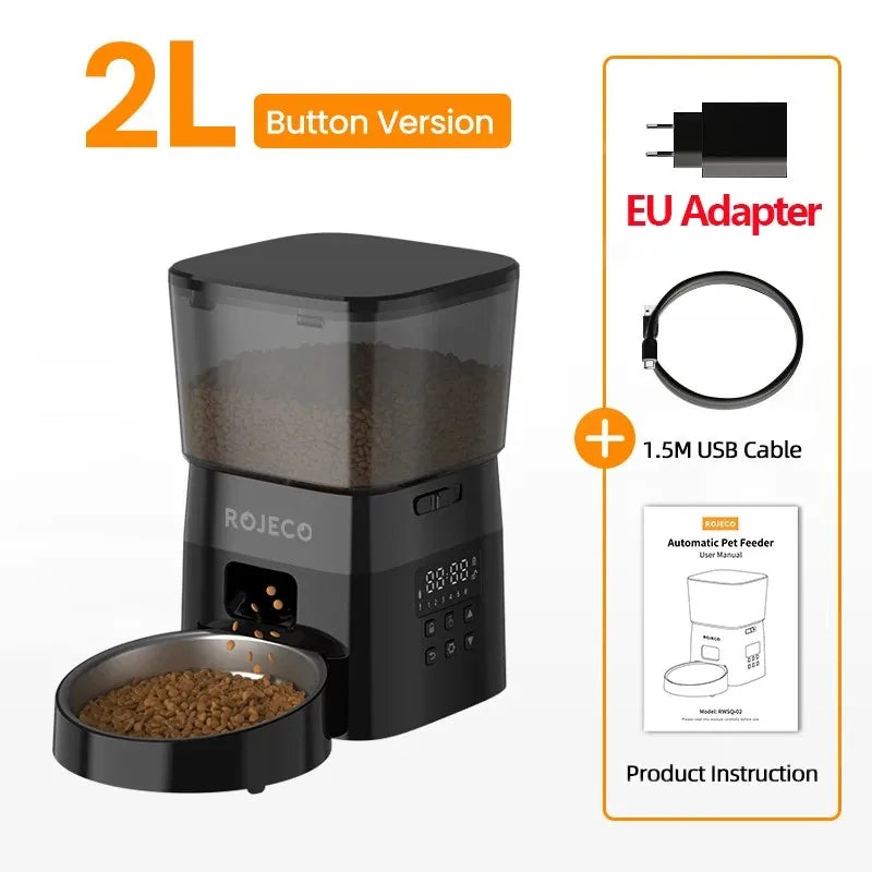 Rojeco pet feeder with EU adapter, USB cable, and product instruction on a white background