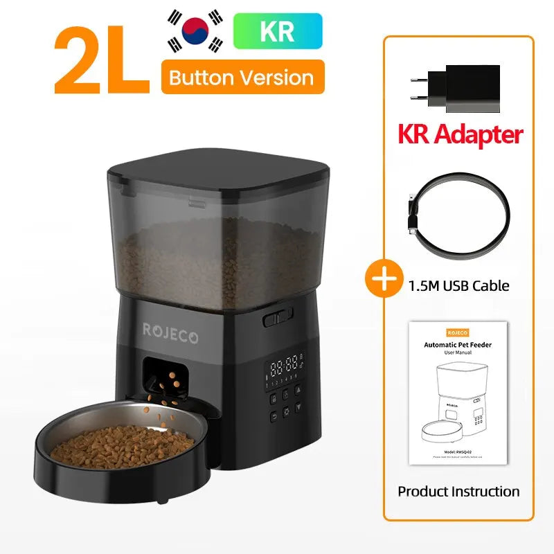Rojeco automatic pet feeder (KR adapter) with accessories on a white background