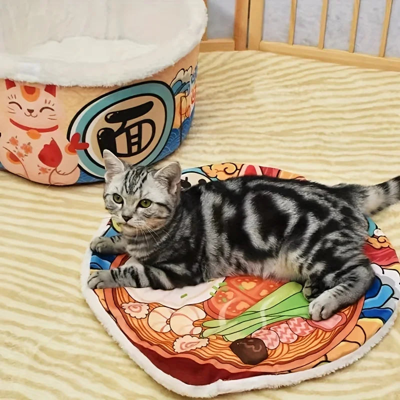 Removable ramen mat used by cat as lounging cushion.