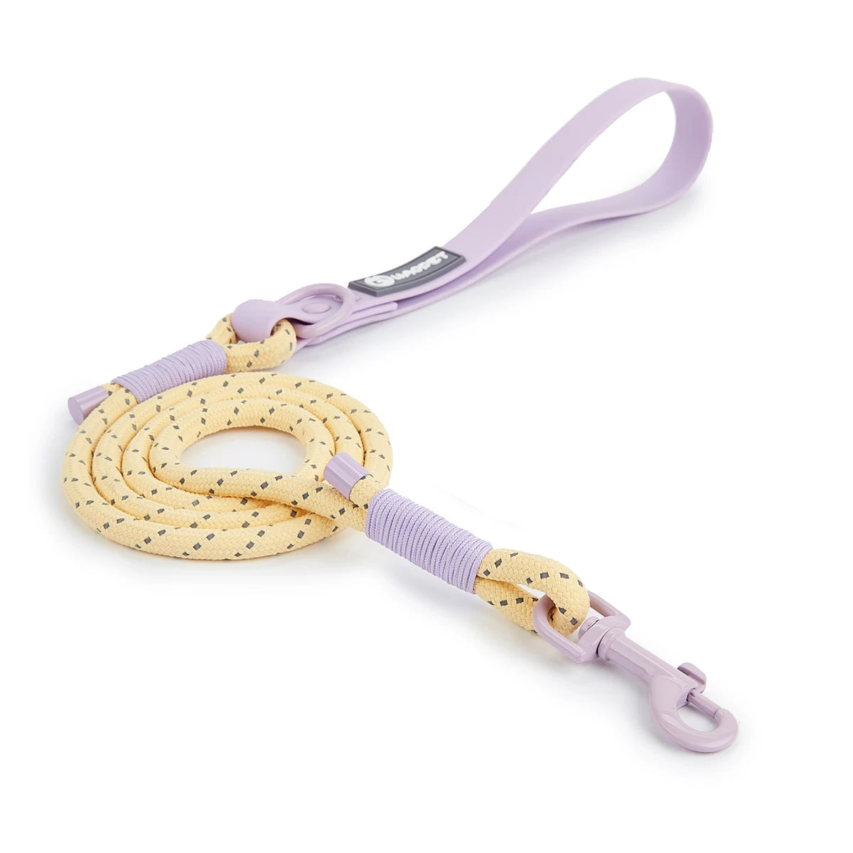 Dog leash with purple handle and yellow rope on a white background