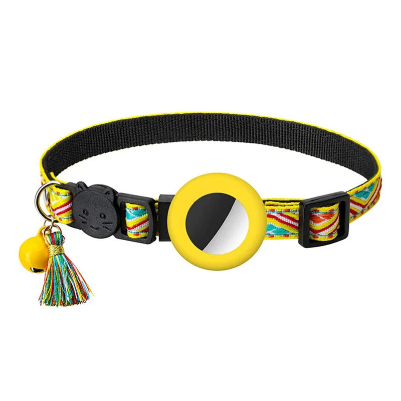 Colorful cat collar with a yellow bell and striped pattern on a white background