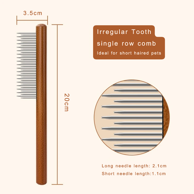 Pet comb with wooden handle and metal teeth, showing dimensions and product description.
