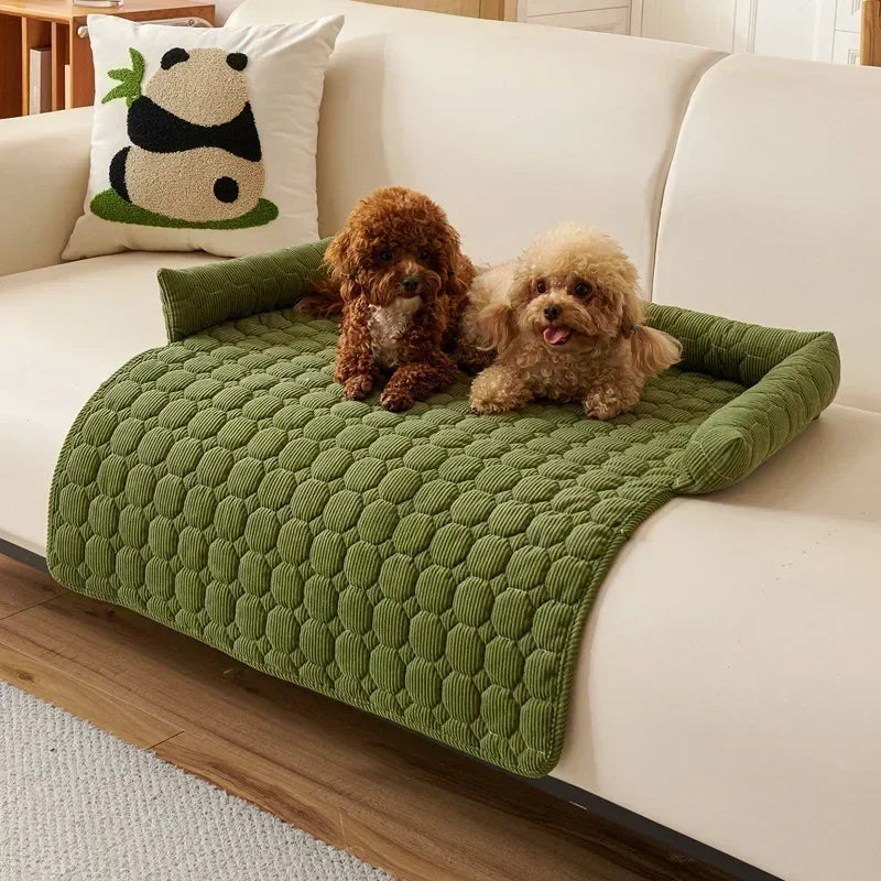 Two small dogs on a green pet bed on a white couch with a panda pillow.