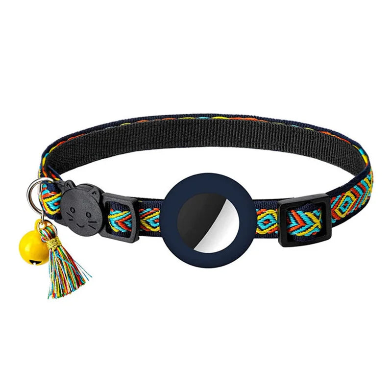 Colorful cat collar with airtag holder and yellow bell with tassel on a white background