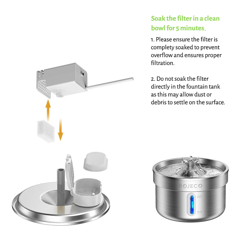 ROJECO pet water fountain with filter soaking instructions on a white background