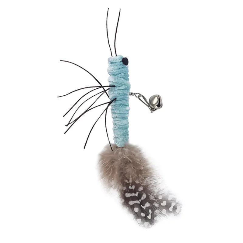 Blue feathered insect-style cat toy attachment with spotted feathers and bell