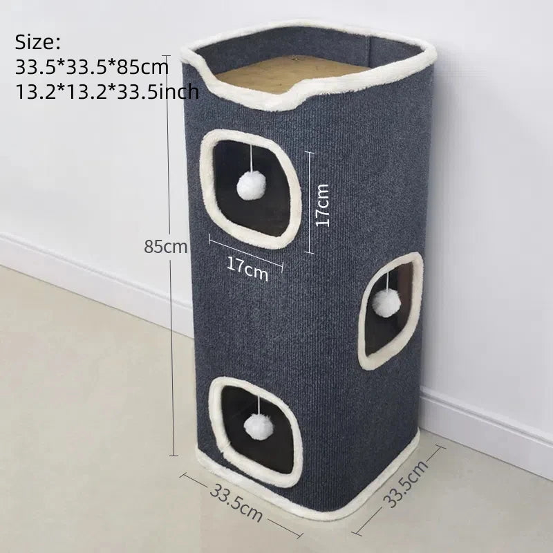 Three-tier Peek-a-Paw Tower cat condo with play holes and toy balls – size 85cm.