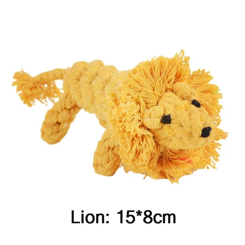Yellow lion-shaped toy with a rope on a white background
