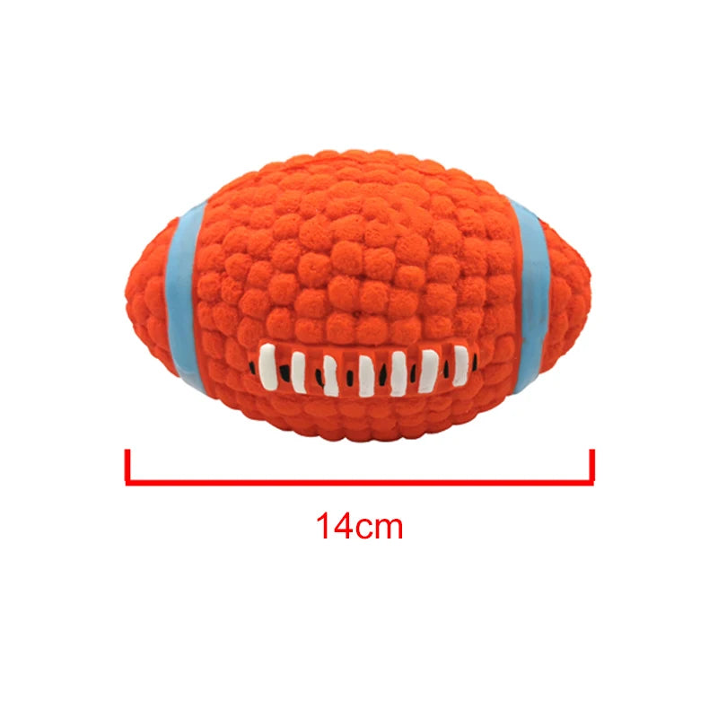Orange textured football-shaped toy with measurement label on a white background